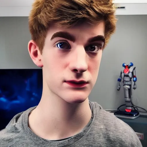 Image similar to “a realistic detailed photo of a guy who is an attractive humanoid who is half robot and half humanoid, who is a male android, twitch streamer Ninja Tyler Blevins, shiny skin, posing like a statue, blank stare, gaming room, close up”