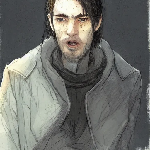 Image similar to Liam O'Brien as a young wizard in a dirty coat, alan lee and marc simonetti and emil melmoth style