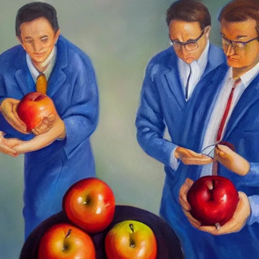 Image similar to oil painting of scientists comparing apples and oranges,