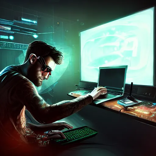 Image similar to realistic successful man typing on laptop in gaming room, artstation trends, cyberpunk concept art, highly detailed, intricate, sharp focus, digital art, 8 k