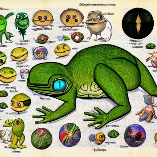 Prompt: pepe the frog ( pokemon ) anatomical diagram, in codex seraphinianus