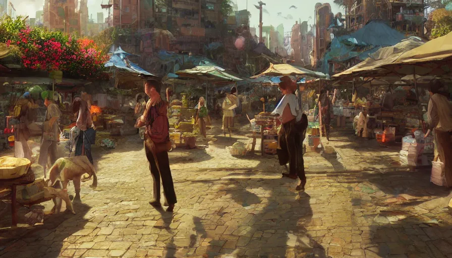 Image similar to craig mullins and ghibli digital illustration of solarpunk farmers market, festival, colorful, unreal engine, hyper realism, realistic shading, cinematic composition, realistic render, octane render, detailed textures, photorealistic, wide shot