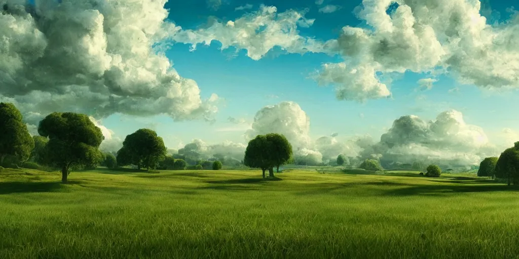 Image similar to Landscape, green meadow, blue sky, white cloud, Metaphysical painting, intricate, cinematic lighting, highly detailed, digital painting, artstation, concept art, smooth, sharp focus, illustration, hyper realism, high detail, octane render, 8k, iridescent accents, art by Giorgio de Chirico
