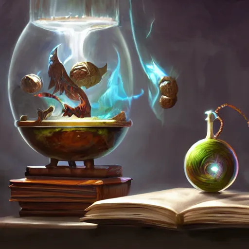 Prompt: hyper realistic, table, wizards laboratory, lisa parker, tony sart, mortar, pestle, scales with magic powder, energy flowing, magic book, beakers of colored liquid, greg rutkowski
