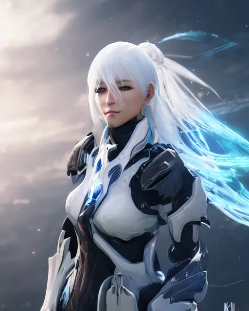 Image similar to perfect white haired girl, warframe armor, beautiful, dreamy, half asian, pretty face, blue eyes, detailed, windy weather, scifi platform, laboratory, experiment, 4 k, ultra realistic, epic lighting, cinematic, high detail, masterpiece, by akihiko yoshida, kazuya takahashi