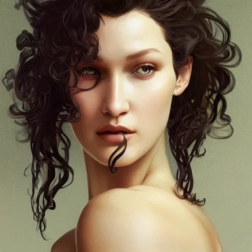 Image similar to ultra realistic illustration, bella hadid wearing a curly english mustache, intricate, elegant, highly detailed, digital painting, artstation, concept art, smooth, sharp focus, illustration, art by artgerm and greg rutkowski and alphonse mucha