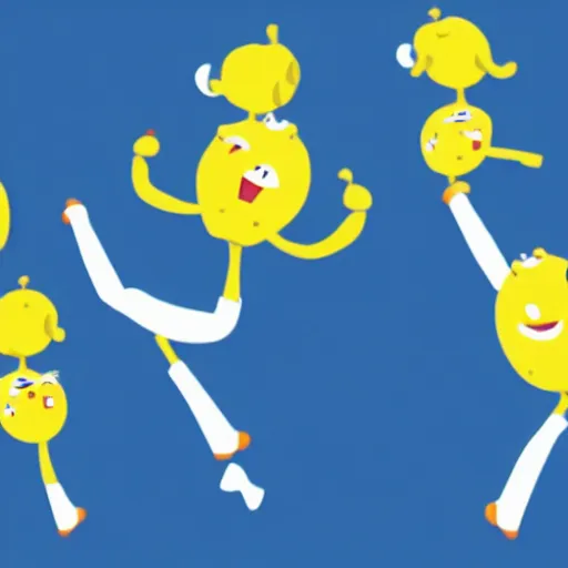 Image similar to An illustration of lemons with arms and legs dancing.