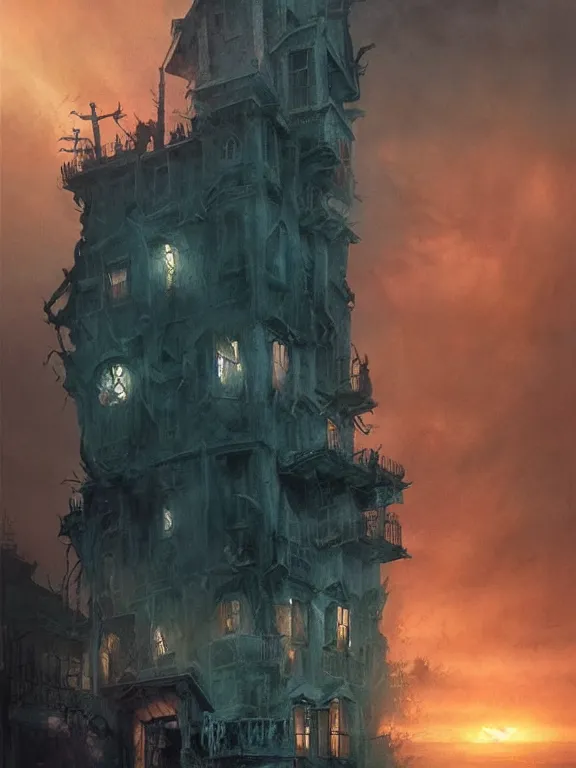 Image similar to a group of urban fantasy adventurers approach a tall and foreboding haunted house at sunset, teal spectral denizens rise from windows, detailed realistic watercolor by greg rutkowski and kwanchai moriya, haunting, ominous, exciting, solemn, lightning study