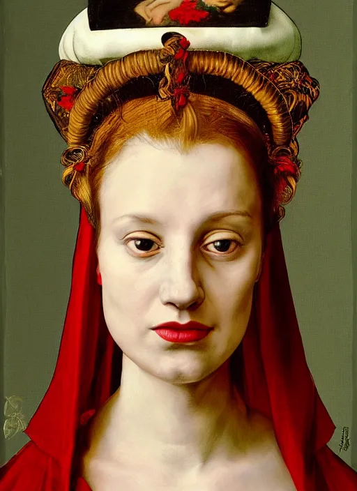 Image similar to portrait of young woman in renaissance dress and renaissance headdress, art by oliviero toscani