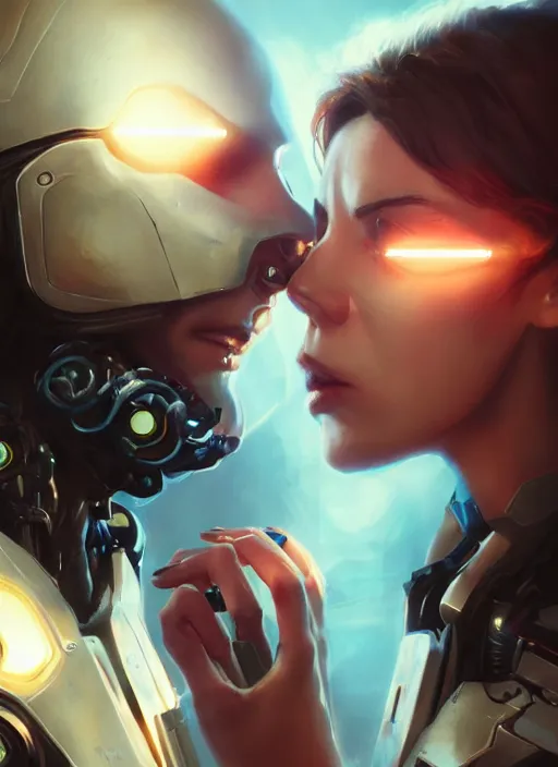 Image similar to ultra realistic close - up of a couple of cyborgs kissing, lovers, cyberpunk, sci - fi, fantasy, led color, flare, soft light, night, highly detailed, digital painting, concept art, sharp focus, illustration, art by artgerm and greg rutkowski