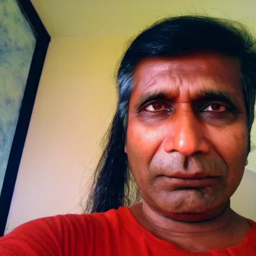 Image similar to my indian dad accidentally taking a selfie with the front camera, squinting because the camera flash is so bright in his face