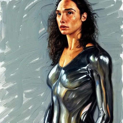 Prompt: a striking hyper real painting of Gal Gadot by lucian freud.