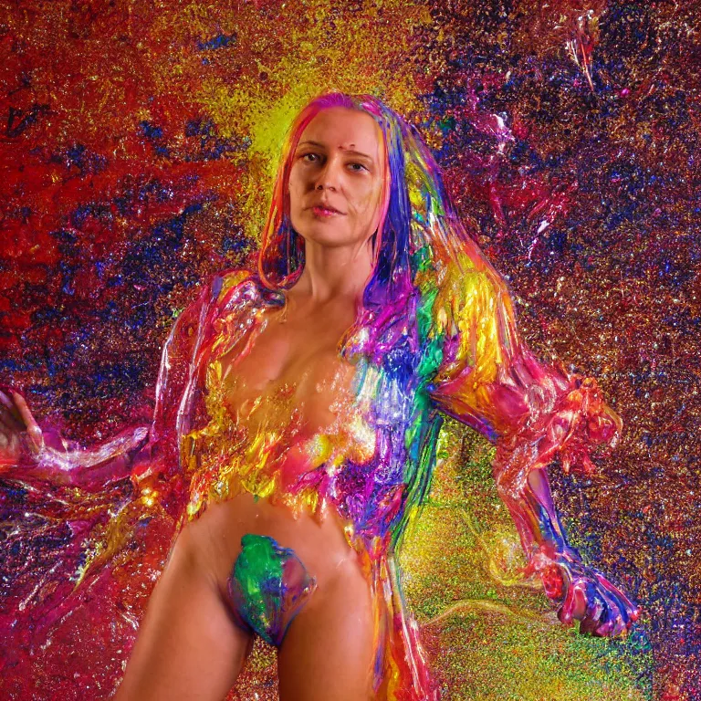 Image similar to octane render portrait by wayne barlow and carlo crivelli and glenn fabry, a woman wearing a clear plastic suit full of colorful thick fluid full of glitter, standing in front of a giant sheet of tie - dye aluminum foil, cinema 4 d, ray traced lighting, very short depth of field, bokeh