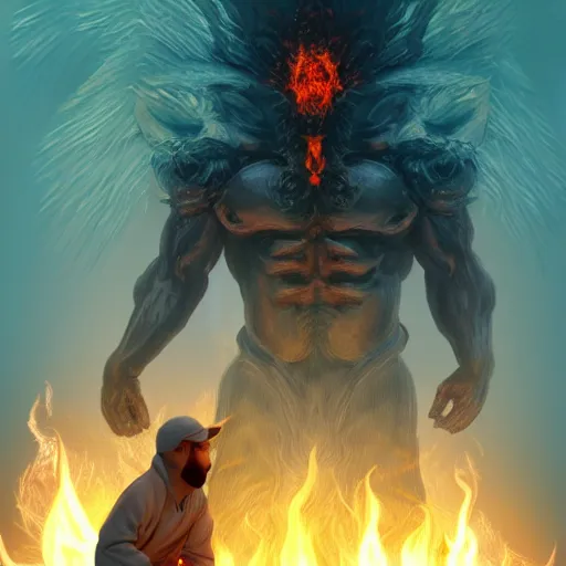 Prompt: a person kneeling before a gigantic god - like figure wrapped in smoke and flames. feature on artstation. digital art.