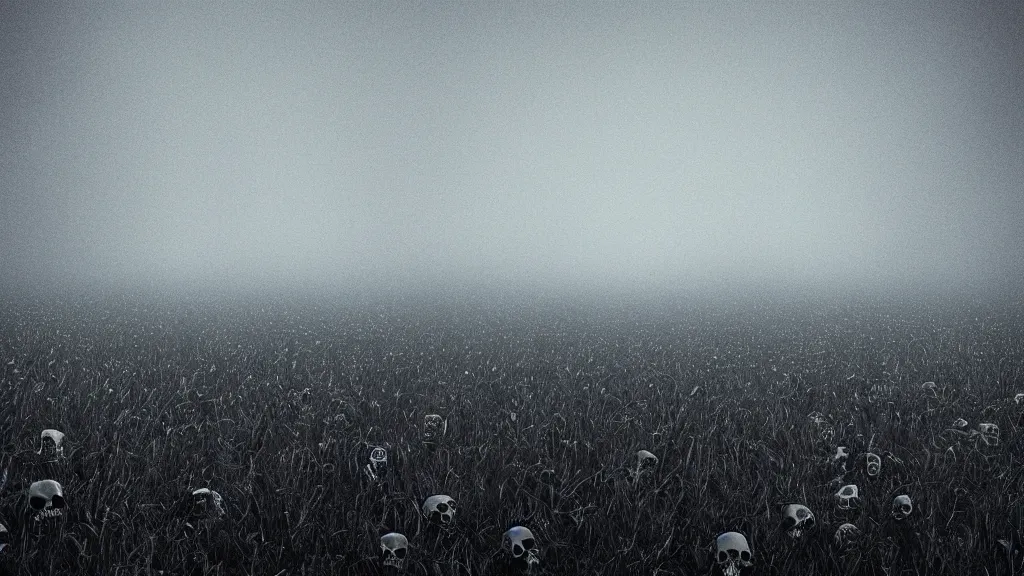 Prompt: a field of skulls, dark, night, foggy, scary, eerie, digital art.