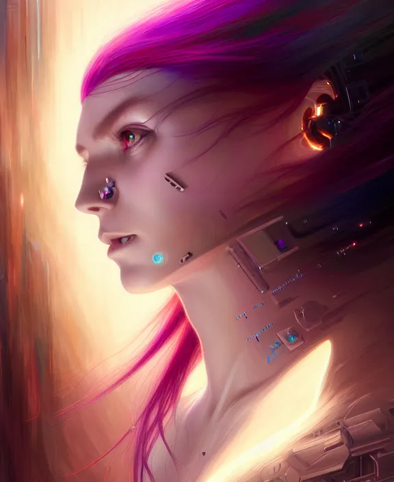 Image similar to a whirlwind of souls rushing inside the metaverse, hologram, half body, neurochip, shaved temple, piercing, jewelry, android, cyborg, cyberpunk face, by loish, d & d, fantasy, intricate, elegant, highly detailed, colorful, digital painting, artstation, concept art, art by artgerm and greg rutkowski and alphonse mucha