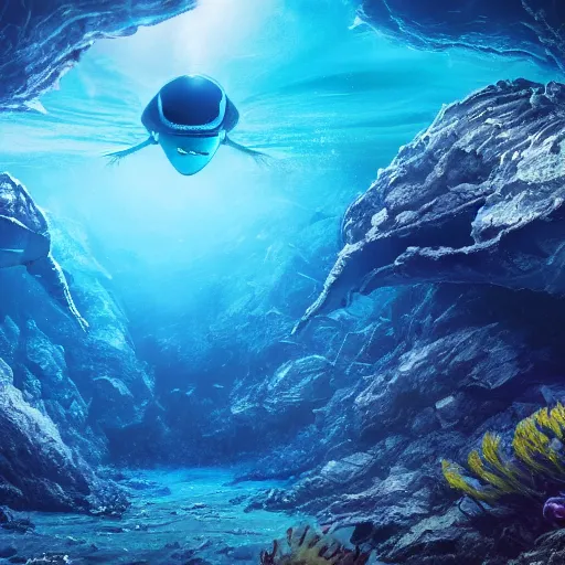 Image similar to vanishing perspective underwater view of the alien landscape underwater on the ocean bed, deep blue ocean color, some plant life, alien fish swimming on the background, cinematic perspective, cinematic lighting, matte painting, detailed, sci - fi, hdr, 4 k, artstation