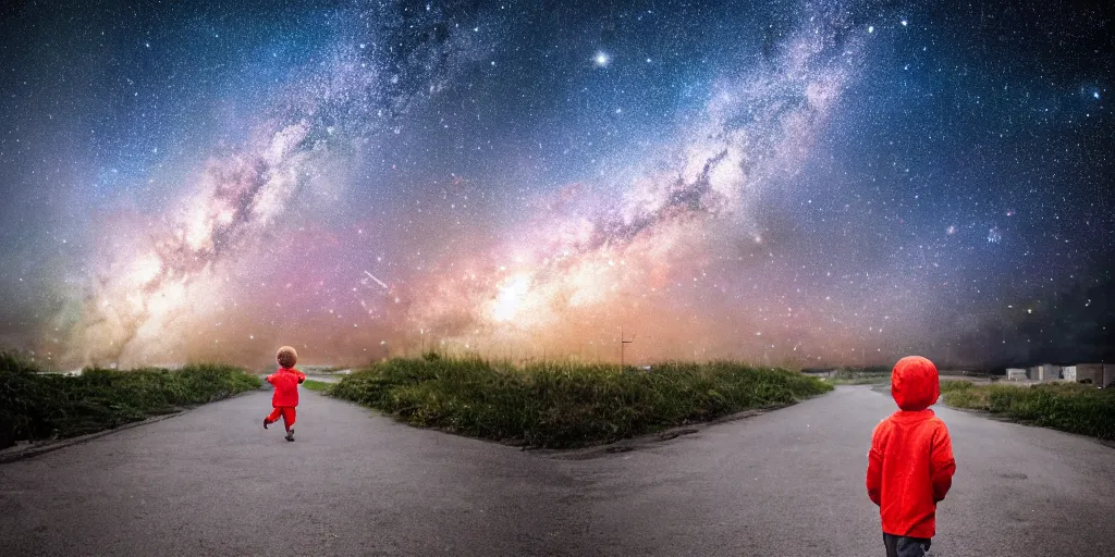 Image similar to color photo of a boy walking down a street in space, sky is full of stars