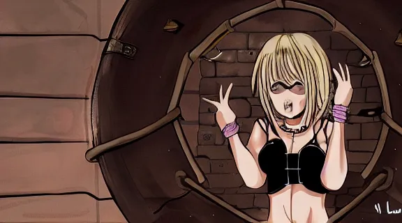 Prompt: Lucy Heartfilia chained and shackled, upset, tears in eyes | cuts and scrapes | Somber moon | wet Egyptian Dungeon Chamber | Big Moon at Night | strong blue rimlit | visual-key | anime illustration | highly detailed