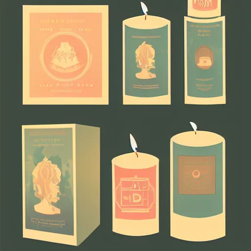 Image similar to illustration with a set of beautiful scented candles by tomer hanuka, an art deco painting by tom whalen, interior, trending on behance, grainy texture, flat shading, vector art, airbrush, pastel, watercolor, poster