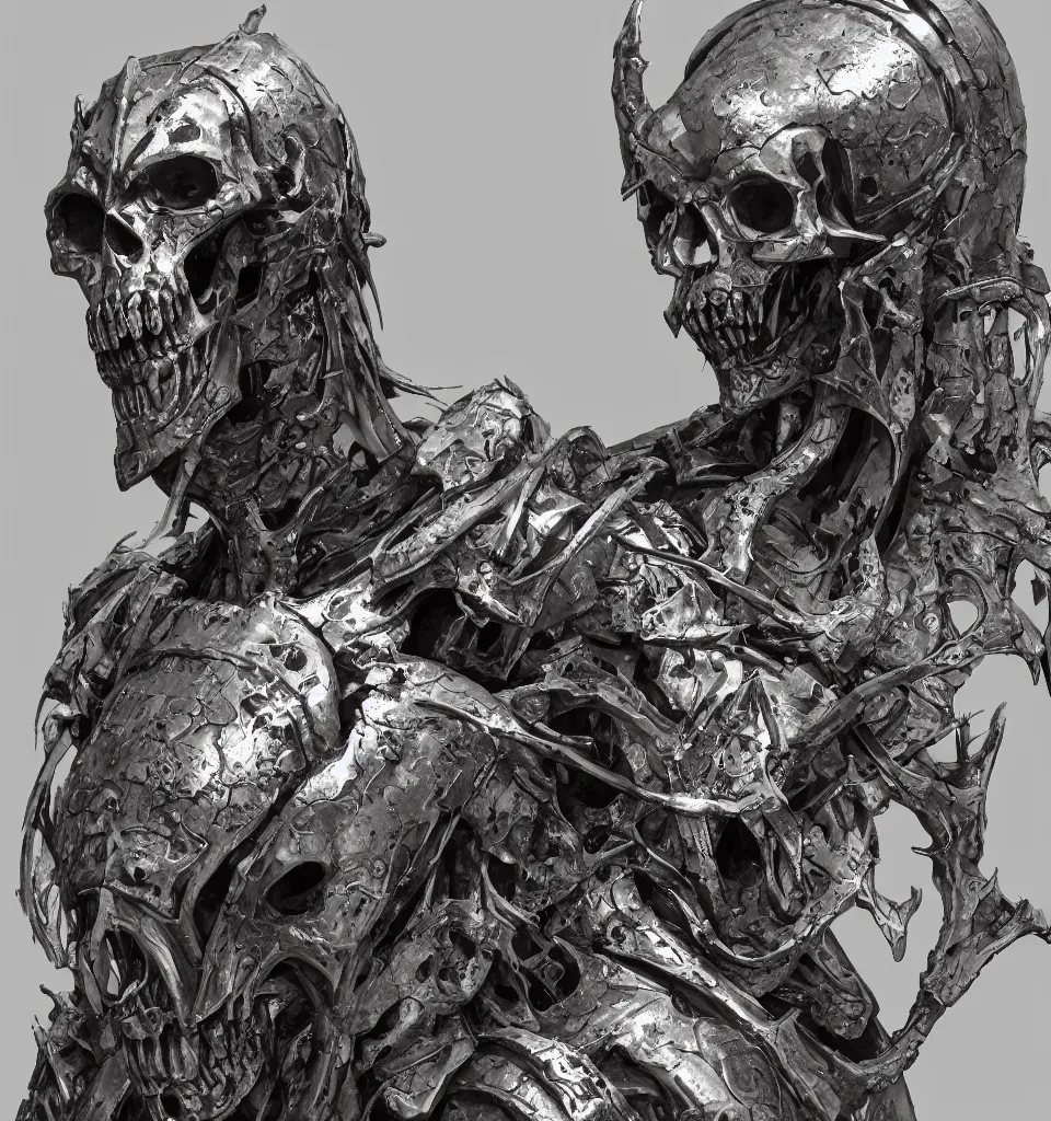 Prompt: closeup concept art of a medieval skull armor with skeletal features, art by HR Giger and Szukalski, sculpture by Hedi Xandt, gothic, highly detailed, artstation, octane rendering, wayne barlowe, dimly lit in dense fog above lava fields,