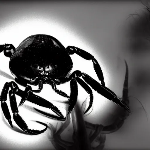 Image similar to an abscessed tomato demon with a pair of huge ugly crab pincers and a cloudy yellow evil eye and four long black spider legs, black and white style, older photos, dimly lit