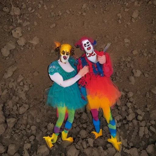 Prompt: dirt - covered night clowns