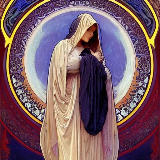 Prompt: stunning, breathtaking, awe-inspiring award-winning concept art nouveau painting of attractive Hooded figure as the goddess of the moon, with anxious, piercing eyes, by Alphonse Mucha, Michael Whelan, William Adolphe Bouguereau, John Williams Waterhouse, and Donato Giancola, cyberpunk, extremely moody lighting, glowing light and shadow, atmospheric, cinematic, 8K