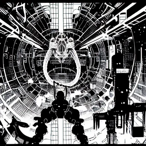 Image similar to sad biological androids with tentacles, through a huge cybernetic megastructure multi - level metropolis in space, black and white, by nihei tsutomu