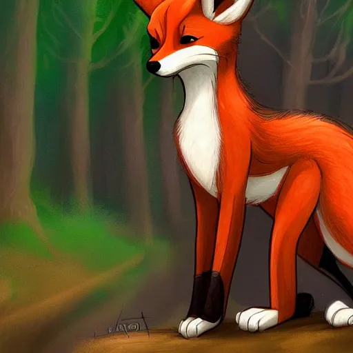 Prompt: cartoon fox in forest | digital painting in the style of dragons lair and don bluth, artgerm, wlop, greg rutkowski