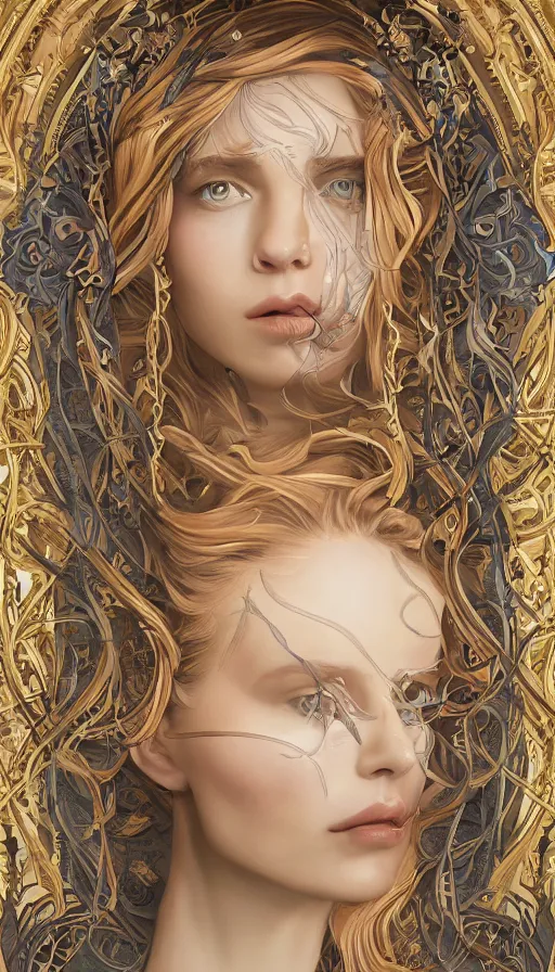 Prompt: An extremely beautiful Art Nouveau ornate portrait of a young attractive woman with a beautiful bone structure, professionally painted digital art illustration, smooth, sharp focus, atmospheric lighting, highly detailed illustration highlights, golden ratio, extremely detailed winning award masterpiece, 8K post-processing, trending on artstation flawless