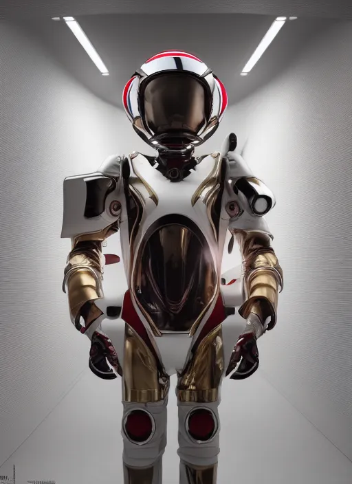 Image similar to a Photorealistic dramatic hyperrealistic render of a futuristic exospacesuit,Ultra realistic details,reflective gold color visor,glossy white with red stripes by Vitaly Bulgarov and Mike Nash,Beautiful dramatic dark moody tones and lighting,cinematic atmosphere,studio lighting,shadows,dark background, Octane render,8K