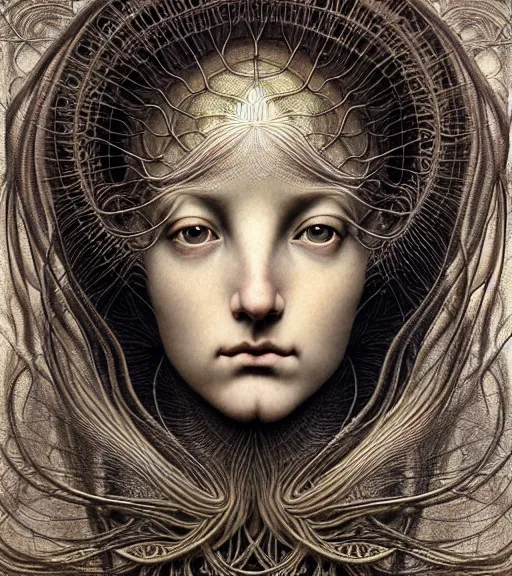 Image similar to detailed realistic beautiful light goddess face portrait by jean delville, gustave dore, iris van herpen and marco mazzoni, art forms of nature by ernst haeckel, art nouveau, symbolist, visionary, gothic, neo - gothic, pre - raphaelite, fractal lace, intricate alien botanicals, ai biodiversity, surreality, hyperdetailed ultrasharp octane render