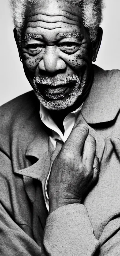 Prompt: phone wallpaper of a photo portrait of morgan freeman, black and white closeup photo