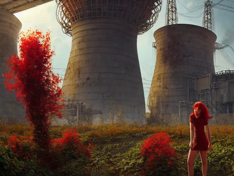 Prompt: red hair girl, chernobyl powerplant!!!, rubble, ruins!!, flowers, vines, hyperrealistic, highly detailed, cinematic, single ray of golden sunlight, beautiful, cgssociety, artstation, 8 k, oil painting by greg rutkowski, by artgerm, by wlop