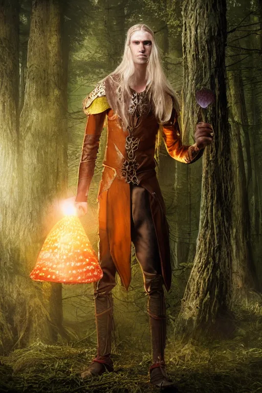 Prompt: A tall slim male wood elf druid posing with a glowing mushroom in a mystical forest, portrait, long blonde hair, fungi, glowing, wooden armor, magical, fantasy, medieval, highly detailed, dynamic lighting, cinematic, dramatic, sharp focus, focus on face, masterpiece, trending on artstation, concept art, digital painting, still, photo, photograph, in the style of Heilung