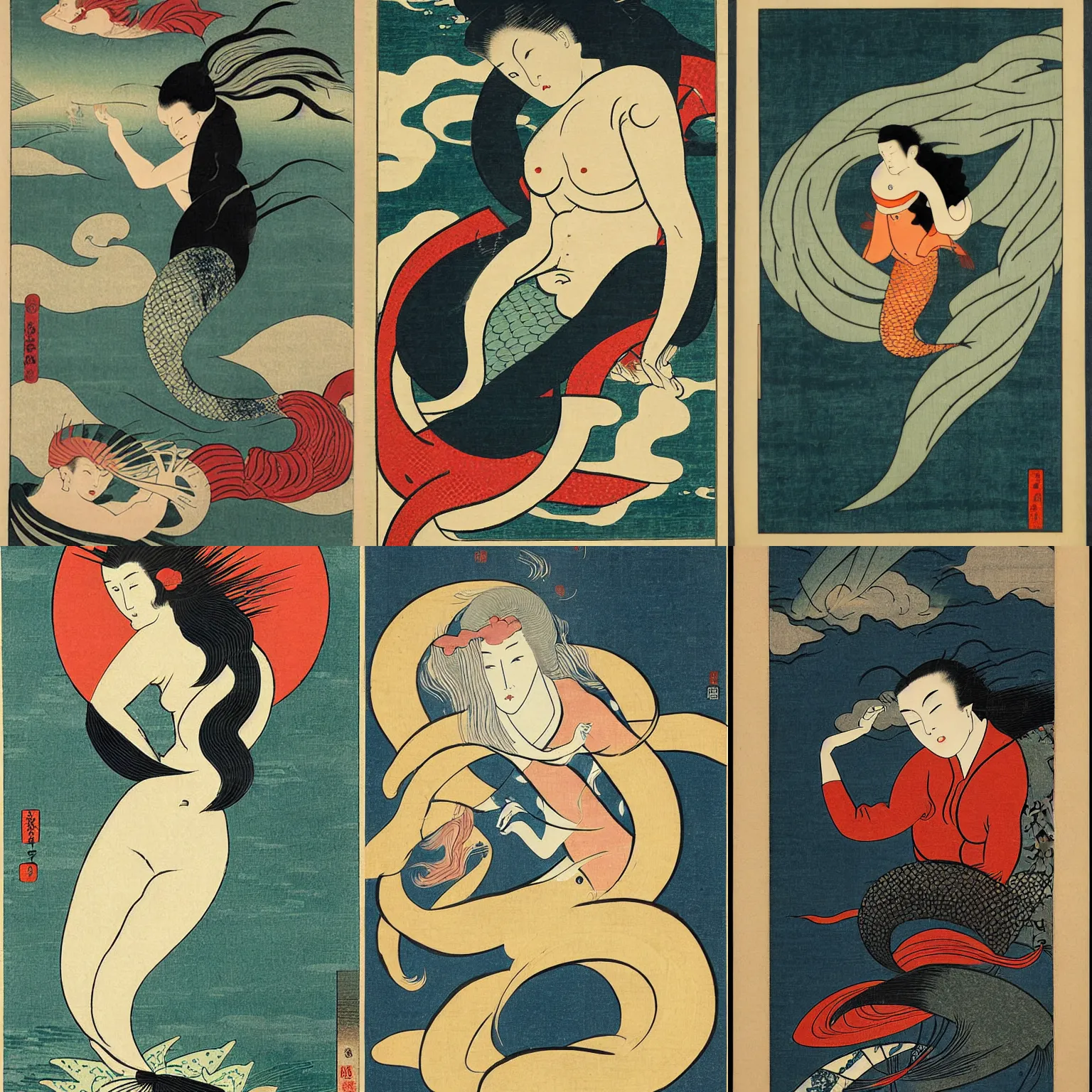 Prompt: Ukiyo-E Portrait of a mermaid in a storm, bauhaus style