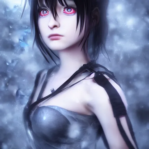 Prompt: photorealistic full shot portrait of angry darkness anime girl, electric aura, beautifull eyes, inspired by tim burton, detailed, unreal engine 4 k, volumetric light, fog