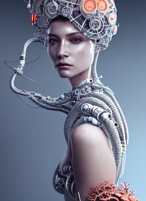 Image similar to portrait of an absurdly beautiful, graceful, sophisticated, fashionable cyberpunk mechanoid, hyperdetailed illustration by irakli nadar and alexandre ferra, intricate linework, white porcelain skin, faberge, coral headdress, unreal engine 5 highly rendered, global illumination, radiant light, detailed and intricate environment