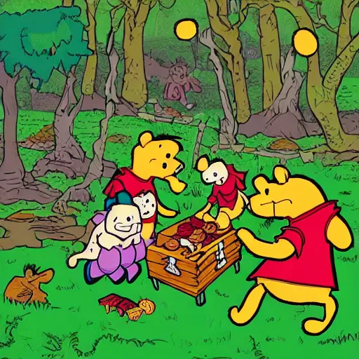 Image similar to illustration of zombie picnic in the style of Winnie the Pooh A. A. Milne