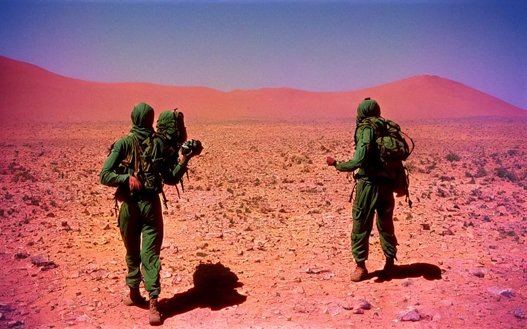 Image similar to in a dusty red desert, a team of five future soldiers in dark green tactical gear like death stranding hike. They 're afraid. mid day, heat shimmering, color, 35mm film photography, lawrence of arabia