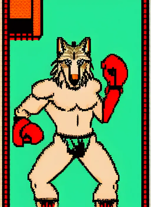Image similar to extreme long shot. antropomorphic muscular masculine furr wolf. kickboxer, in shorts. wolf head. furr on body. 8 bit nes graphics. 8 0's