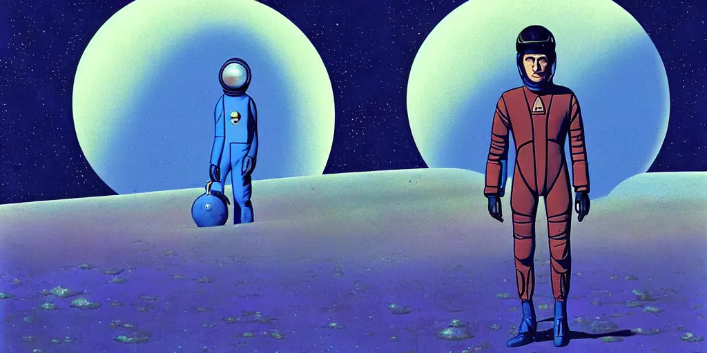 Prompt: a portrait of lonely single Alain Delon alone pilot in spacesuit on field forrest symmetrical spaceship station landing laying lake artillery outer worlds in FANTASTIC PLANET La planète sauvage animation by René Laloux
