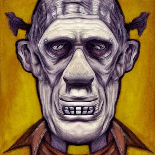 Prompt: frontal portrait of a sad frankenstein. a portrait by will kurtz.