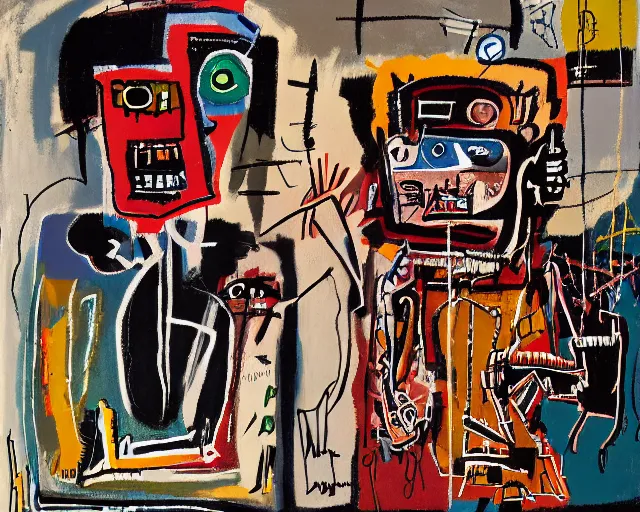 Prompt: painting of a cyborg questioning his reality by graham sutherland, basquiat, neo - expressionism, muted colors