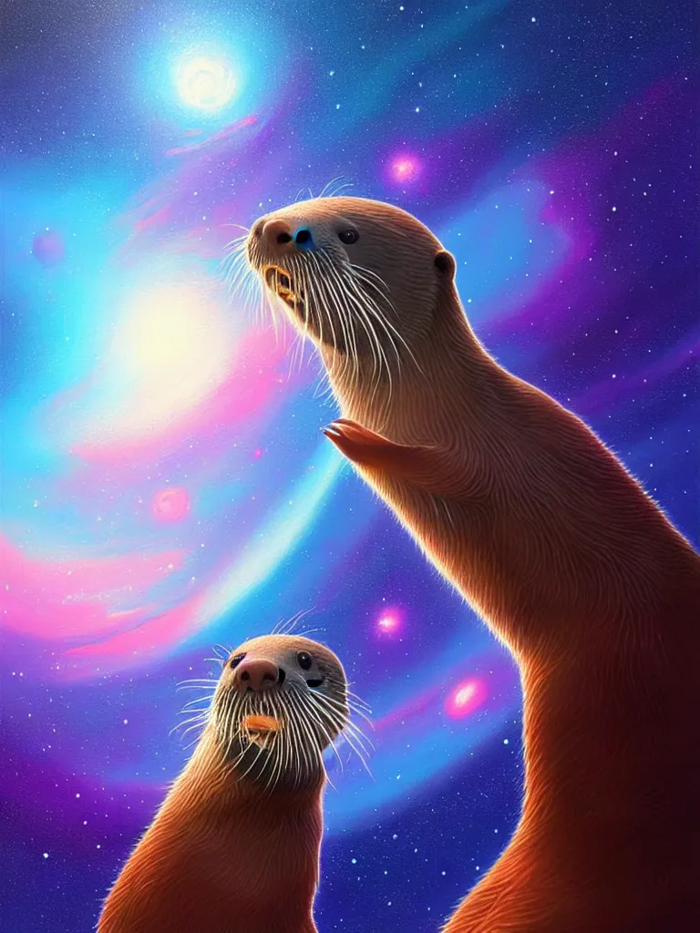 Image similar to a portrait of an otter swimming through the galaxy, detailed, digital painting, artstation, concept art, art by rhads, art by miyazaki