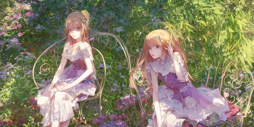 Image similar to a digital art of a loli with long hair in a dress sitting on a metal garden chair in the privet garden at afternoon, green and warm theme, back lighting, by krenz cushart and mucha and akihito yoshida and greg rutkowski and makoto shinkai, extremely long shot, detailed eyes, 4 k resolution, trending on art station