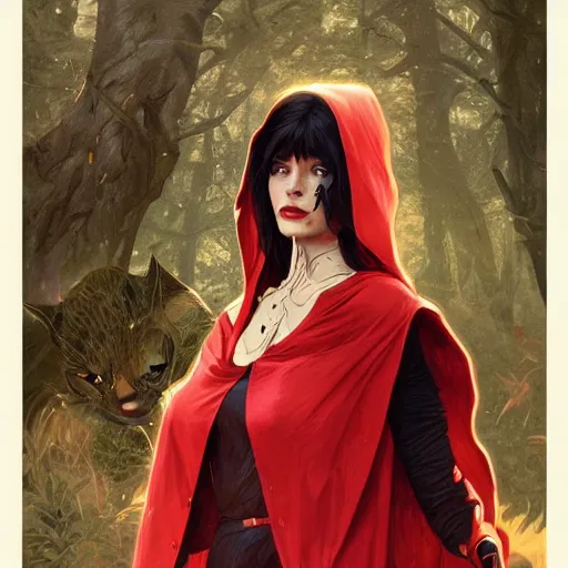 Image similar to Beautiful Portrait of Little Red Riding Hood with a black panther, intricate, wild, highly detailed, digital painting, artstation, concept art, smooth, sharp focus, illustration, art by artgerm and greg rutkowski and alphonse mucha, footage from space camera