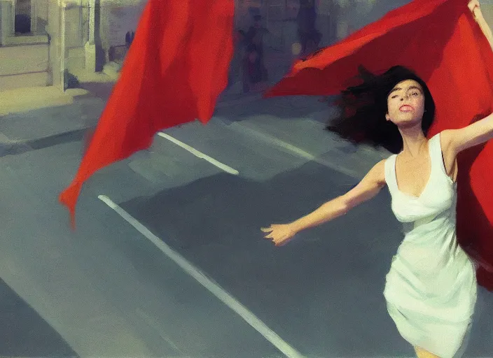 Prompt: closeup of a gorgeous inspiring girl enthusiastically waving a red flag over her head dancing with celebrating crowd in a Mandelbrot fractal bustling modern London by Craig Mullins, ilya kuvshinov, krenz cushart, artgerm trending on artstation by Edward Hopper and Dan Mumford and WLOP and Rutkovsky, Unreal Engine 5, Lumen, Nanite