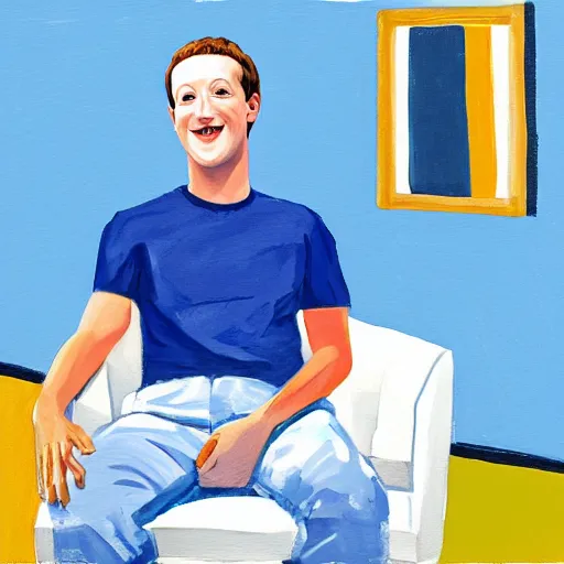 Prompt: painting of mark zuckerberg swearing a blue shirt, sitting on a white chair next to a mirror, room with white walls, by david hockney